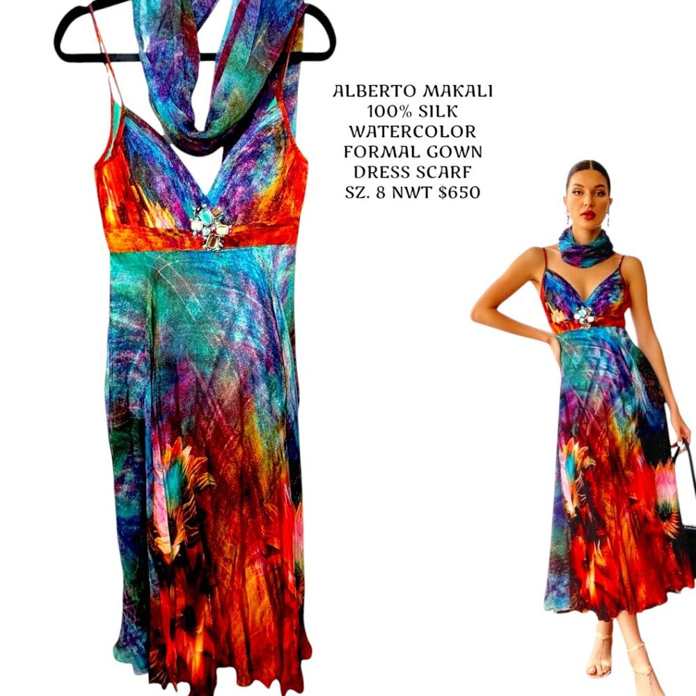 $650 ALBERTO MAKALI WATERCOLOR 100% SILK FORMAL MAXI JEWELED DRESS GOWN NWT